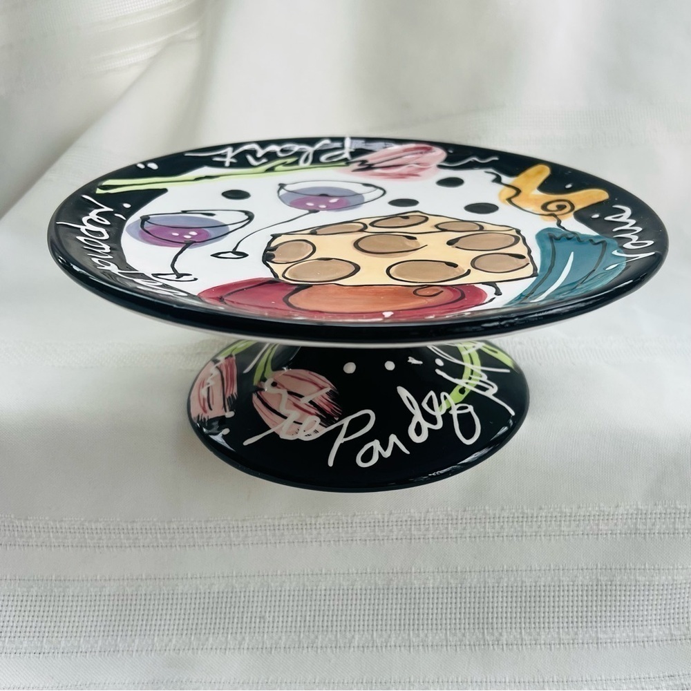 French Wine & Cheese Pedestal Plate by Joanne Delomba for‎ Lotus HandPainted EUC